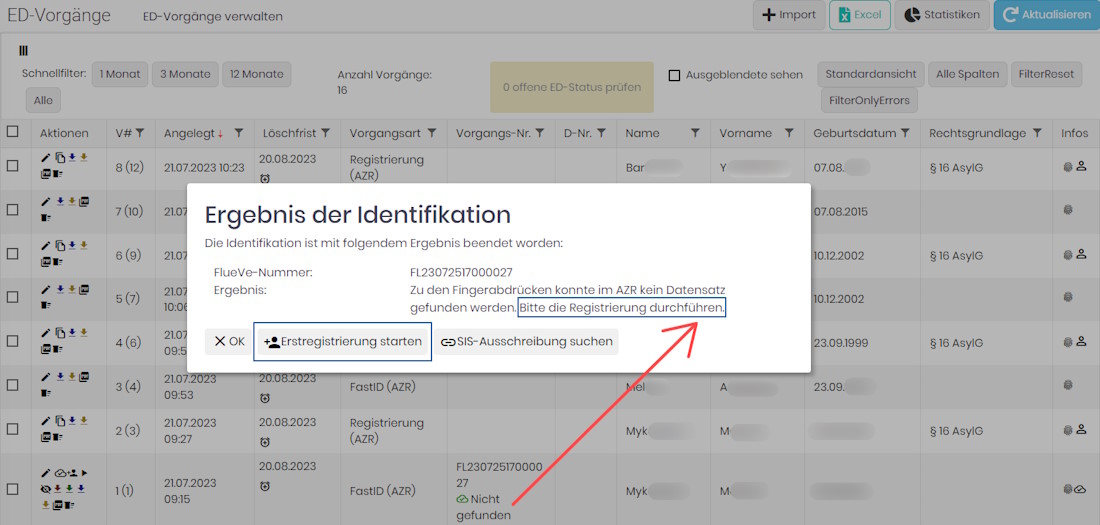 LiveScan Web: Ergebnis einer Fast-ID Abfrage